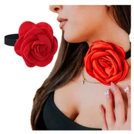 Naszyjniki - Naszyjnik Choker Czarny na Szyję z Dużym Czerwonym Kwiatem Róży Regulowany - miniaturka - grafika 1