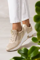 Półbuty damskie - Beżowe sneakersy damskie sportowe półbuty na koturnie z błyszczącą siateczką sznurowane ze złotymi dodatkami skórzana wkładka Casu JW25X12-BE - miniaturka - grafika 1