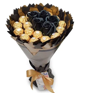 Słodki bukiet czarny i złoty ze słodyczy Ferrero Rocher i 5 mydlanych róż w środku (średnica 20 cm) - Zestawy upominkowe - miniaturka - grafika 1