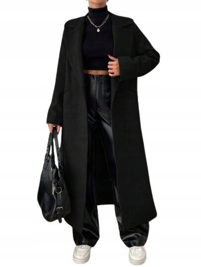 SHEIN CZARNY KLASYCZNY PŁASZCZ DŁUGI Z PASKIEM ELEGANCKI M 1KE