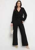 Komplety damskie - Czarny Komplet z Tłoczonej Tkaniny Kopertowa Bluzka z Falbanką i Spodnie Hilinne - miniaturka - grafika 1