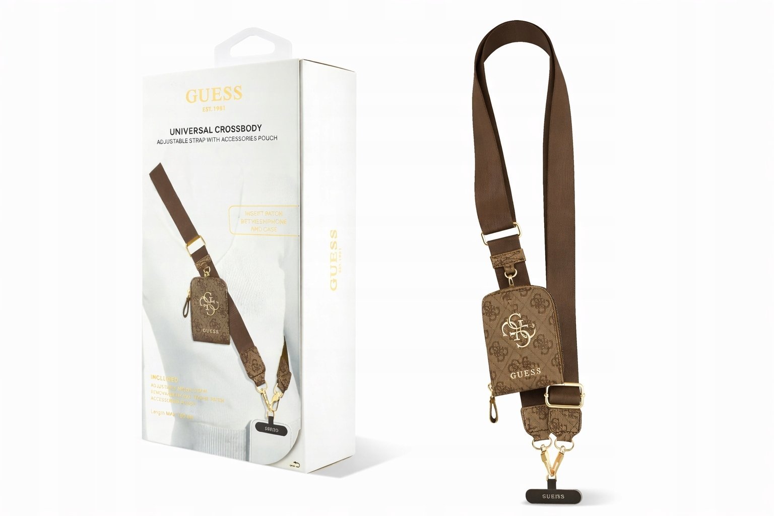 Guess Uniwersalna smycz z portfelem Guess 4G Metal logo brązowy