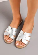 Klapki i japonki damskie - Srebrne Klapki z Metalicznym Szerokim paskiem z Wycięciami Ademina - miniaturka - grafika 1