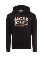Swetry męskie - Jack & Jones Męski sweter z kapturem - JJLuke Mężczyźni Bawełna czarny wzorzysty, S - miniaturka - grafika 1
