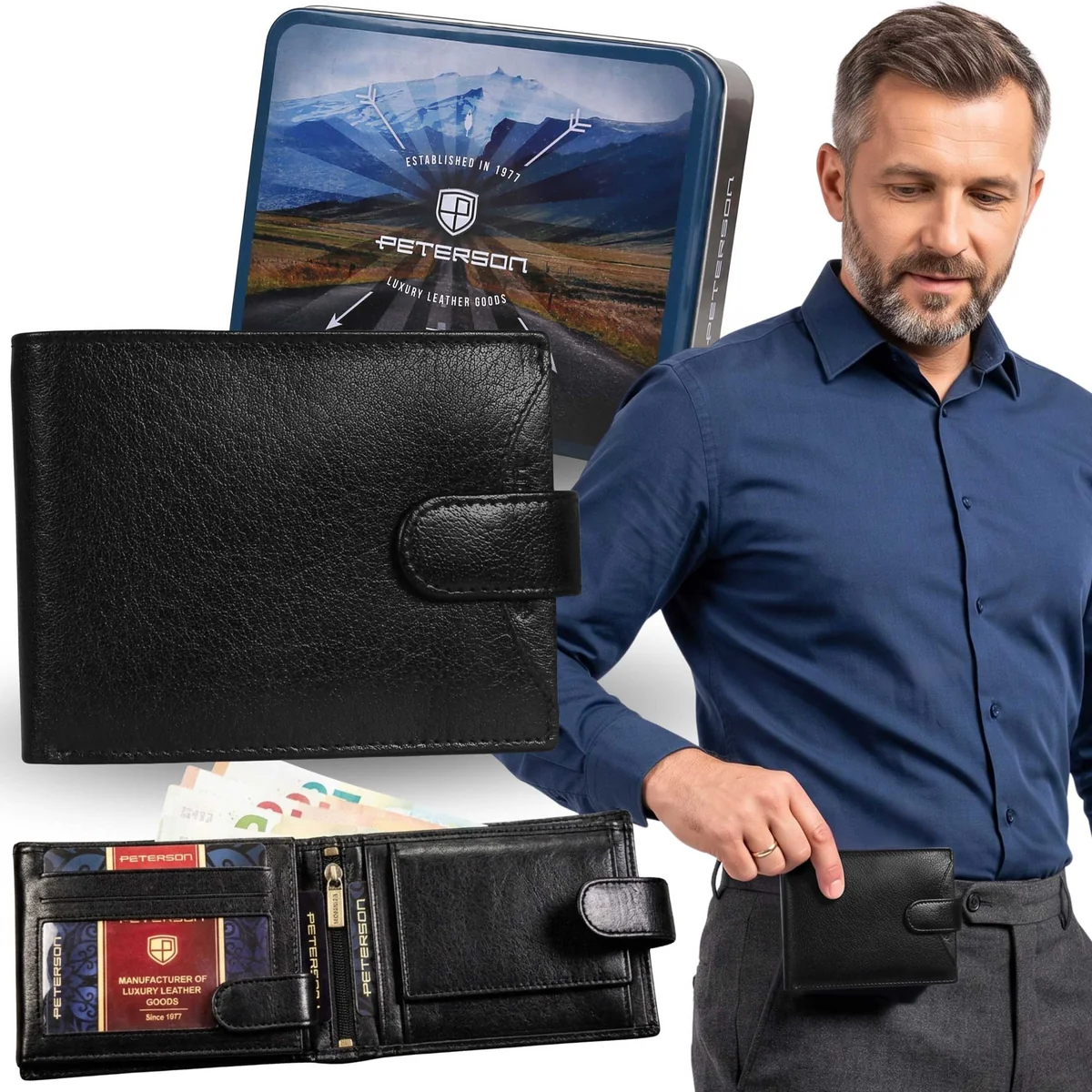 Peterson Czarny, SKÓRZANY portfel męski RFID, SKÓRA NATURALNA, w metalowej puszce na PREZENT