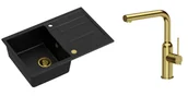 Zlewozmywaki z baterią - Quadron Zlewozmywak granitowy jednokomorowy 78*50*22 cm z ociekaczem MORGAN 111 PURE CARBON czarny ze złotym odpływem z baterią ANGELINA Q LINE z wyciąganą wylewką kolor złoty - miniaturka - grafika 1