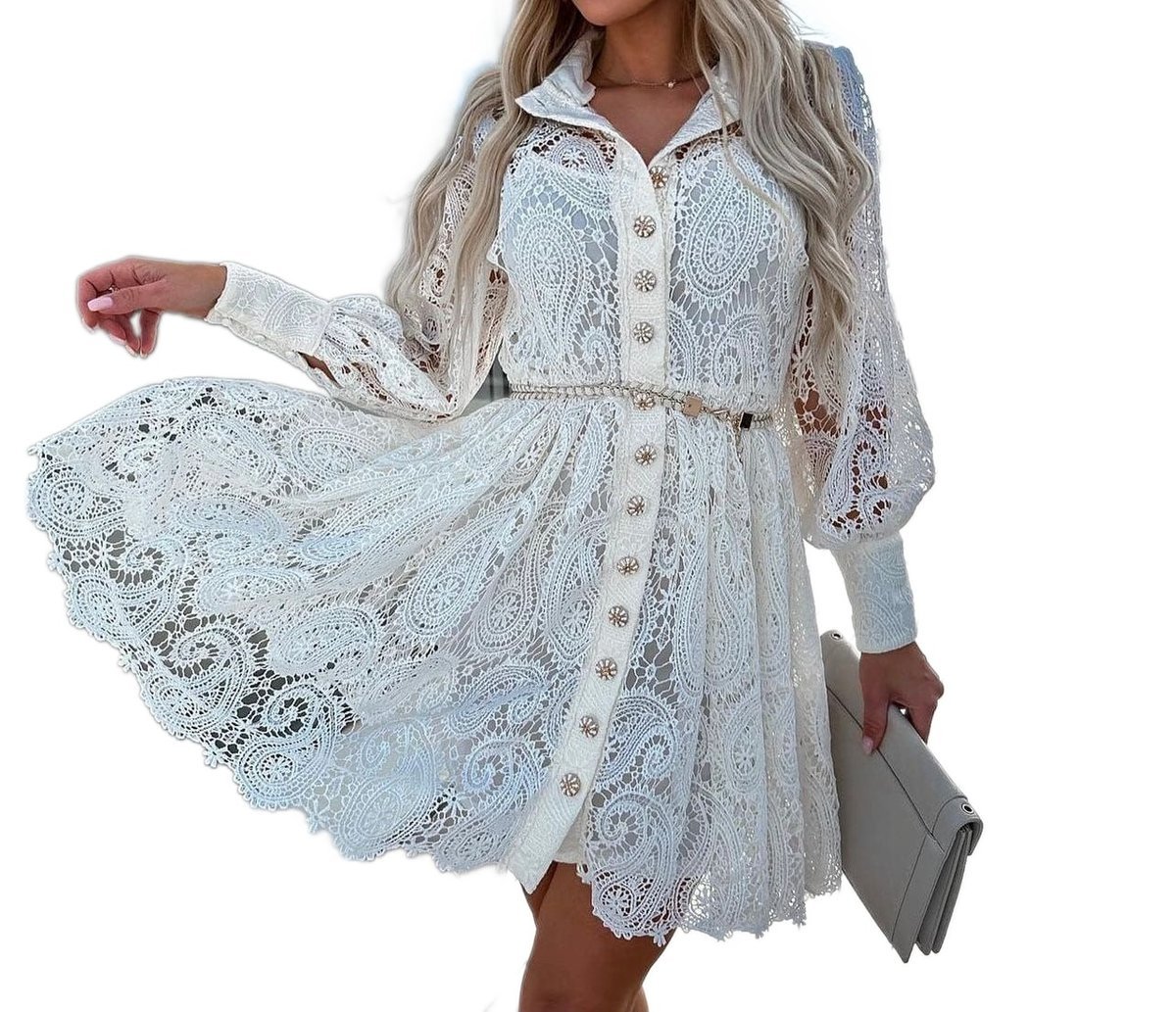Sukienka Biała Koronkowa Elegancka Z Długim Rękawem Na Lato Na Okazję [XL]