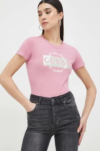 Guess t-shirt damski kolor różowy - Koszulki sportowe damskie - miniaturka - grafika 1