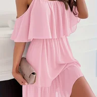 Sukienki - TEMU Damska Słodka Jednokolorowa Sukienka z Ramiączkami i Falbankami na Jedno Ramię, Szyfonowa Sukienka w Stylu Baśniowym, Słodki Romantyczny Styl, - miniaturka - grafika 1