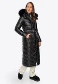 Płaszcze damskie - Pikowany damski płaszcz z naturalnym puchem czarny - miniaturka - grafika 1