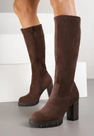 Kozaki damskie - Brązowe Kozaki z Imitacji Zamszu na Słupkowym Obcasie Falirelle - miniaturka - grafika 1