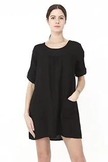 Sukienki - Sukienka damska 100% lniana Made in Italy, Krótka sukienka z okrągłym dekoltem z zapinanymi na długie kieszenie i rękawy, czarna, rozmiar: S, czarny, S - grafika 1