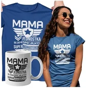 Gadżety dla niej i dla niego - Koszulka dla Mamy na Dzień Mamy zestaw z kubkiem i nadrukiem Mama jednostka do zadań specjalnych super bohaterów kolor granatowy - miniaturka - grafika 1