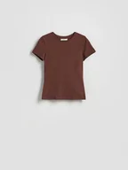 Koszulki i topy damskie - Reserved - Bawełniany t-shirt slim fit - ciemnobrązowy - miniaturka - grafika 1