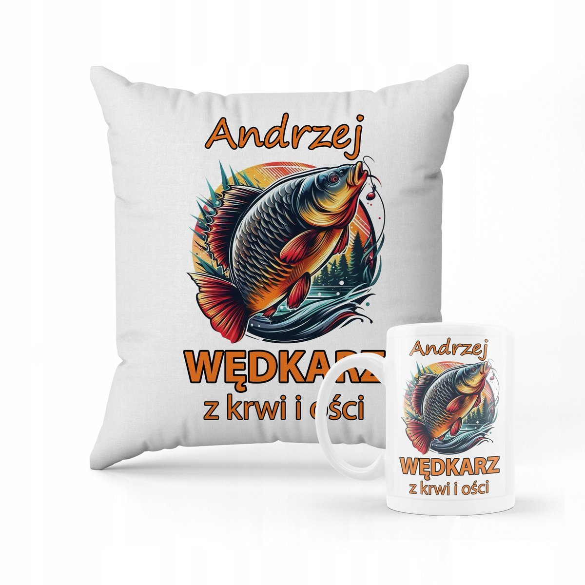 ZESTAW PODUSZKA + KUBEK Prezent dla wędkarza + IMIĘ 2