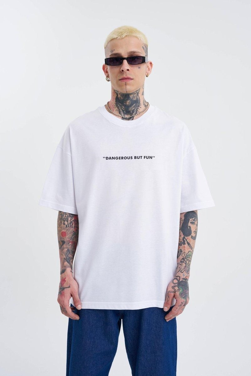 T-Shirt Koszulka Męska Krótki Rękaw Oversize Bawełniana Biała Dangerous M