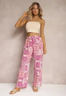 Spodnie damskie - Różowe Szerokie Spodnie Typu Palazzo z Wiskozy z Gumką w Pasie Melafea - miniaturka - grafika 1