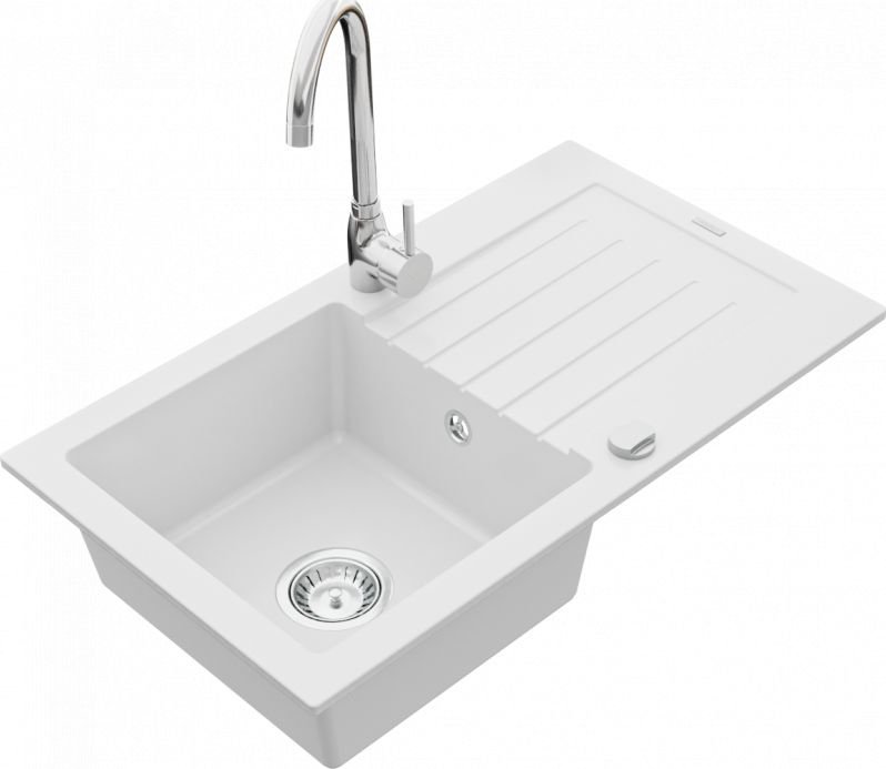 Mexen Zlewozmywak  Pablo granitowy 1-komorowy z ociekaczem i baterią kuchenną Telma, biały - 6510-20-670200-00