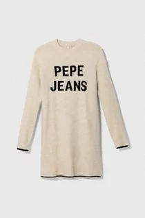 Sukienki i spódniczki dla dziewczynek - Pepe Jeans sukienka z domieszką wełny dziecięca kolor beżowy mini oversize - grafika 1