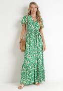 Sukienki - Zielona Sukienka Maxi z Gumką w Pasie w Kwiaty Aretocia - miniaturka - grafika 1