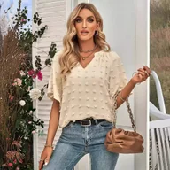 Bluzki damskie - Damska bluzka z ozdobnymi elementami - Beżowy - miniaturka - grafika 1