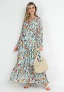 Sukienki - Miętowa Sukienka Maxi w Kwiatowy Wzór z Gumką w Pasie i Falbanami Enimas - miniaturka - grafika 1
