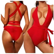 Stroje kąpielowe - JEDNOCZĘŚCIOWY STRÓJ KĄPIELOWY CZERWONY SEXI MONOKINI Z DEKOLTEM KOSTIUM M - miniaturka - grafika 1