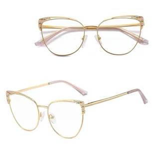 Stalowe Damskie okulary kocie zerówki do komputera BLUE LIGHT z flexami 25102A Złoty - Okulary korekcyjne, oprawki, szkła - miniaturka - grafika 1