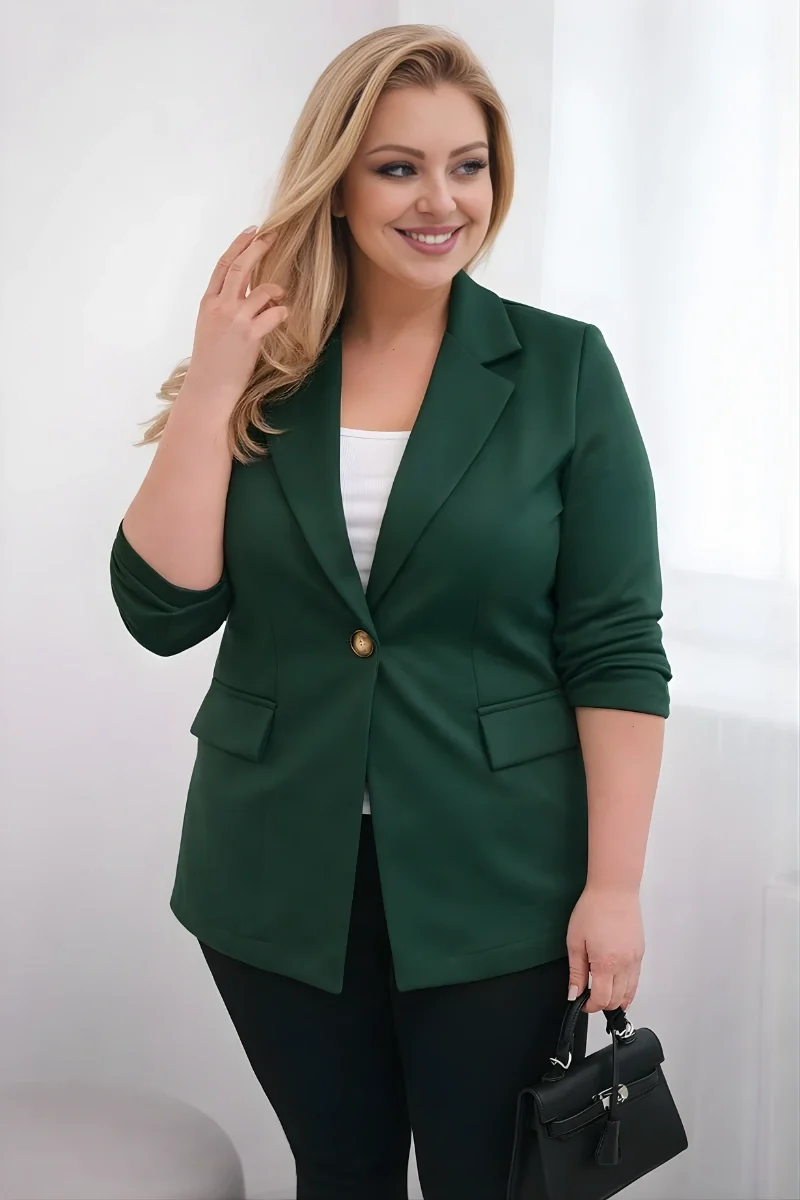 Marynarka damska z wiskozy Plus Size z długim rękawem i kołnierzem ciemno zielona Ciemny Zielony