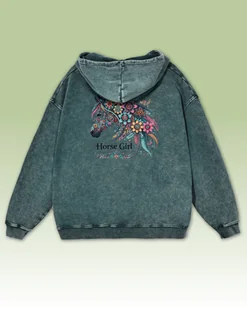 Bluza oversize z kapturem Horse Girl Kolorowy Koń Sprana Ciemnozielony M - Bluzy damskie - miniaturka - grafika 1