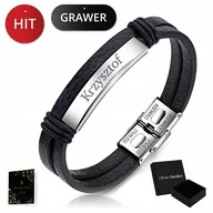 Bransolety męskie - Skórzana Bransoletka Męska Czarna Tytanowa Grawer - miniaturka - grafika 1