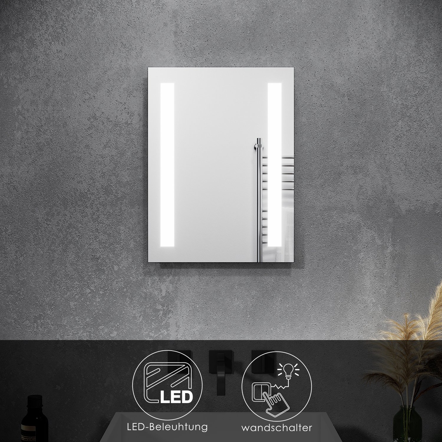 SUNXURY Przełącznik ścienny łazienkowe lustro ścienne zimna biel IP44 energooszczędne lustro łazienkowe z oświetleniem LED 45 x 60 cm