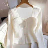 Bluzki damskie - TEMU Elegancka i Modna Damska Bluzka z Długim Rękawem, Kwadratowy Dekolt, Luźny Krój, Jednokolorowa, Wszechstronna na Jesień i Zimę - miniaturka - grafika 1