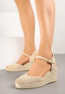 Sandały damskie - Ciemnobeżowe Sandały w Stylu Espadryli na Plecionym Koturnie Reflara - miniaturka - grafika 1