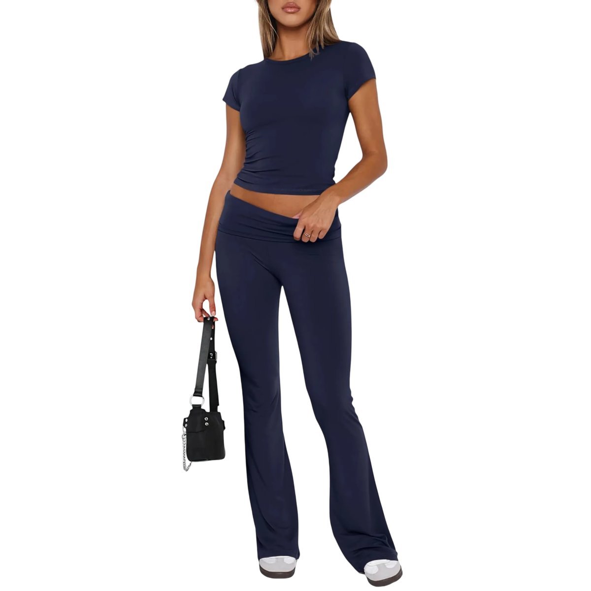 Damski Komplet Dresowy Crop Top Dzwony Wygodny Sportowy Granatowy L