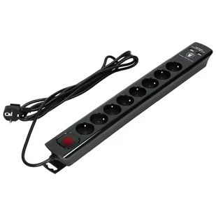 Listwa przeciwprzepięciowa, 8 gniazd 2P+Z, kabel 3x1,0mm2, 3m, z wyłącznikiem podświetlanym dwutorowym. 10A/230 VAC, Ochronnik przeciwprzepięciowy Typ 3, Ładowarka 2xUSB 2,1A, czarna - Listwy zasilające - miniaturka - grafika 1