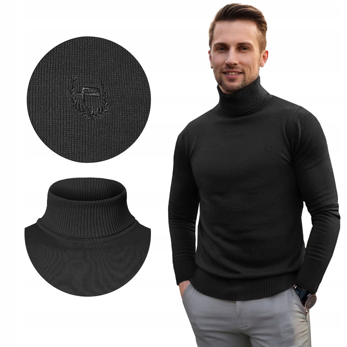 Klasyczny GOLF Sweter Męski Elegancki Bawełniany CZARNY 3XL Pako Jeans