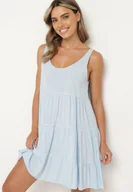 Sukienki - Jasnoniebieska Bawełniana Rozkloszowana Sukienka na Ramiączkach z Falbanami Criselles - miniaturka - grafika 1