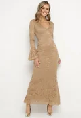 Sukienki - Beżowa Koronkowa Sukienka o Dopasowanym Kroju z Szerokim Dołem Annadira - miniaturka - grafika 1