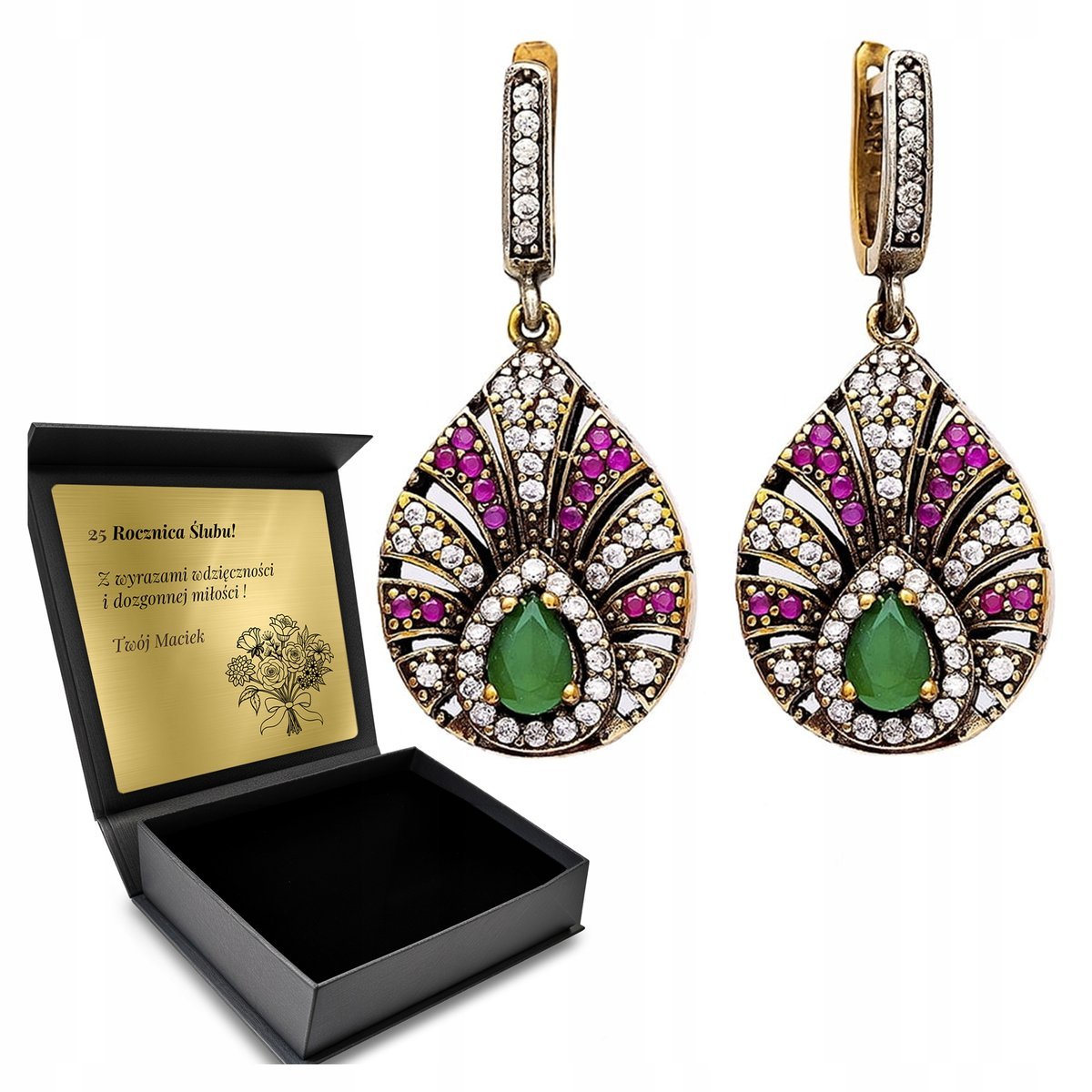 Kolczyki Srebrne 925 Cyrkonie Szmaragd Biżuteria Dla Kobiety Grawer