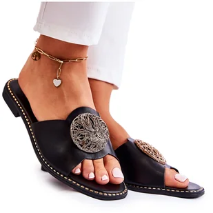 S.Barski Damskie Skórzane Klapki Z Ozdobą Czarne Colene - Klapki i japonki damskie - miniaturka - grafika 1