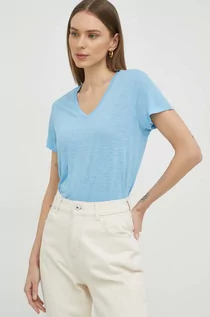 Koszulki sportowe damskie - Lee t-shirt z domieszką lnu kolor niebieski - grafika 1