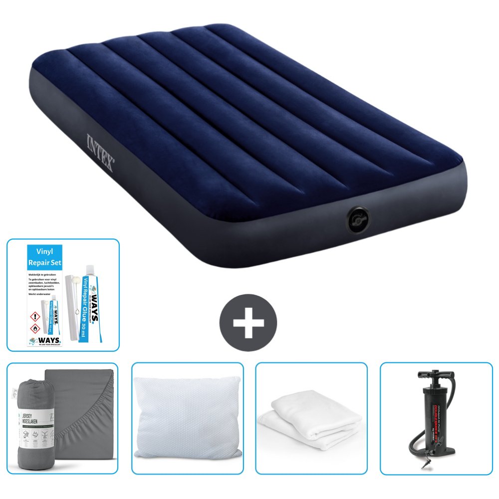 Łóżko powietrzne Intex - dla 1 osoby - 99 x 191 x 25 cm - niebieskie - w zestawie prześcieradło - pocałunek - pompka - zestaw naprawczy i ochraniacz na poduszkę
