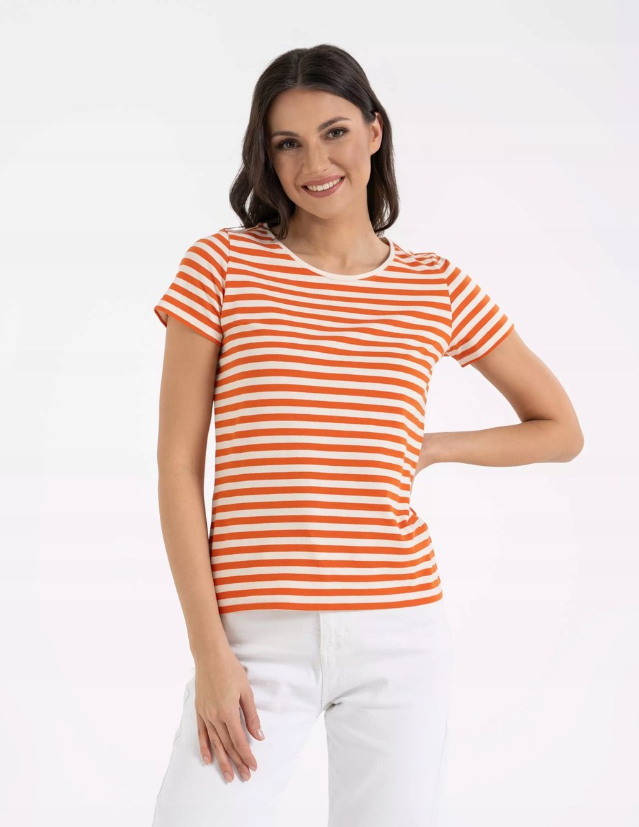Damska Koszulka T-shirt Bawełniana w Paski Klasyczna POMARAŃCZOWA MORAJ S