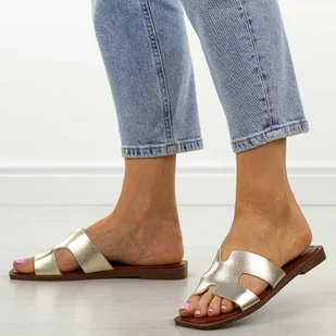 Złote płaskie klapki damskie Sergio Leone sk091H - Klapki i japonki damskie - miniaturka - grafika 1