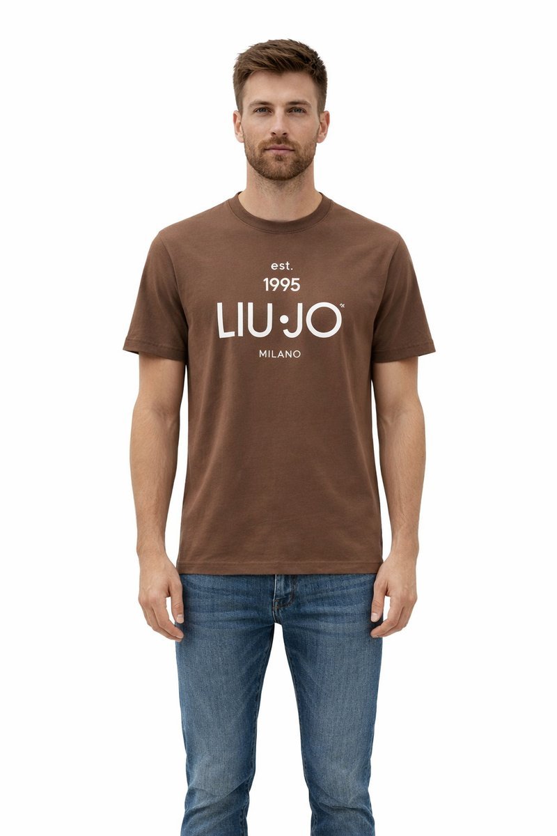 LIU JO BEŻOWY T SHIRT Z BAWEŁNY Z LOGO W DUŻYM NAPISIE M 1I4A