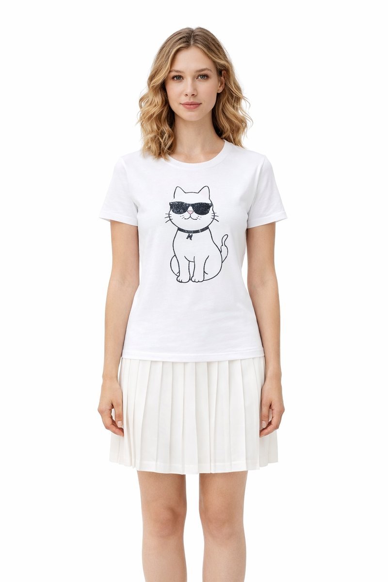 KARL LAGERFELD BIAŁY T SHIRT Z NADRUKIEM KOTA Z OKULARAMI XL 1I3A
