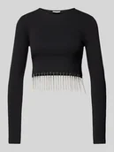 Bluzki damskie - Bluzka krótka z długim rękawem i obszyciem kamieniami stras model ‘MAYA’ - miniaturka - grafika 1