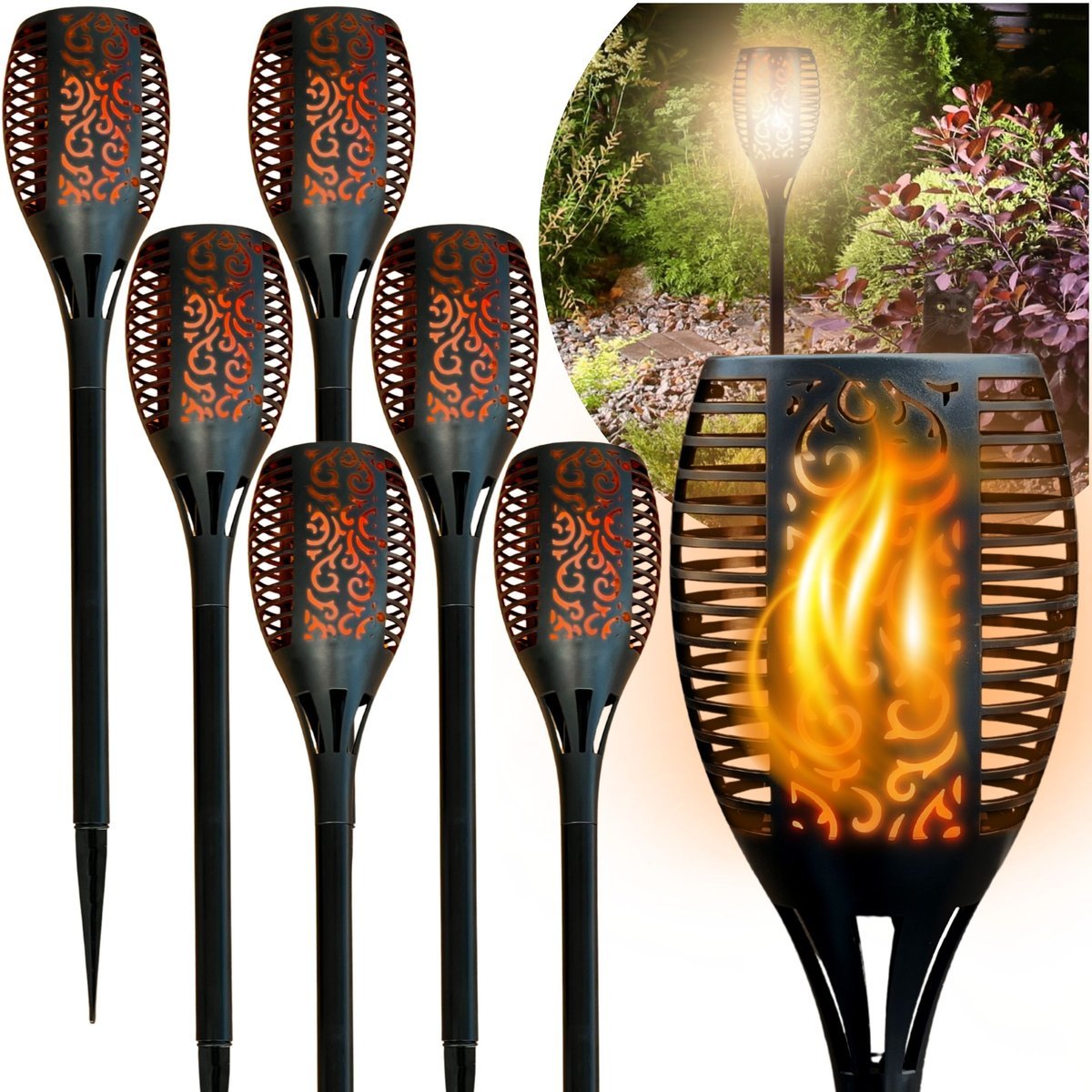 6X Ogrodowa Duża Lampa Solarna LED 96, Wbijana Pochodnia Płomień Latarnia zestaw BLIXTAR
