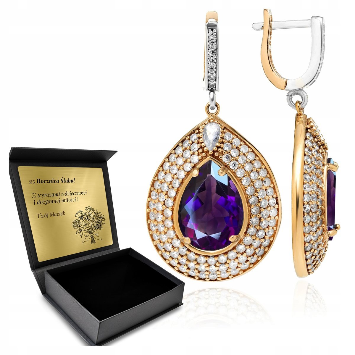 Kolczyki Srebrne 925 Cyrkonie I Ametyst Biżuteria Dla Kobiety + Grawer